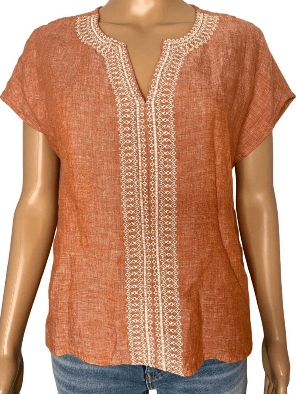House of Harlow 1960 Coral Tangerine 100% Linen V-Neck Embroidered Tunic